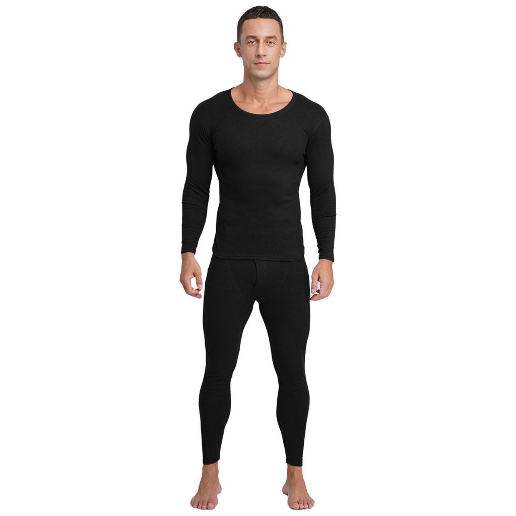 Mens Long Sleeve Round Neck Thermal Underwear Warm Base Layer Soft Breathable Tops Bottom Set Winter Cold Weather Wear