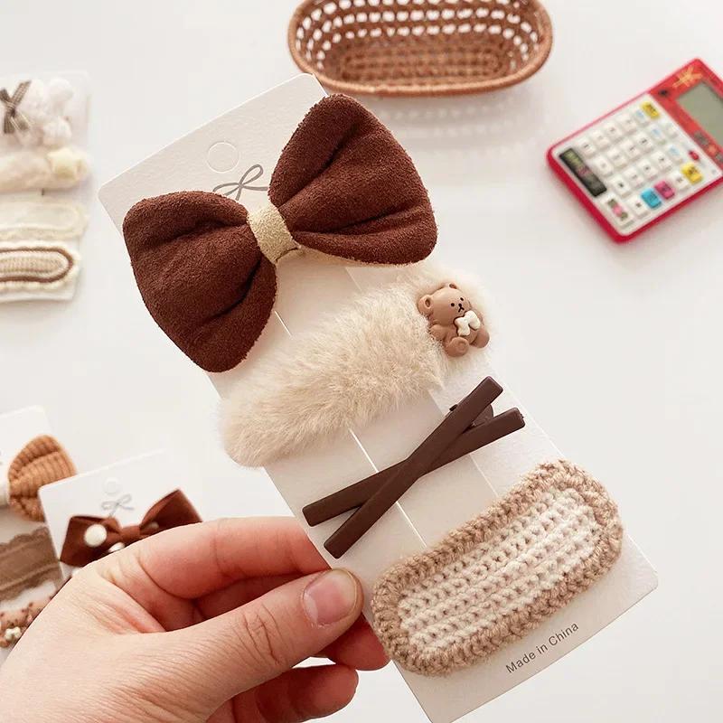 4pcs/set Beige Coffee Color Elegant Hair Clip for Young Kids Sweet Retro Floral Bow Children Barrettes Cute Hair Accessories