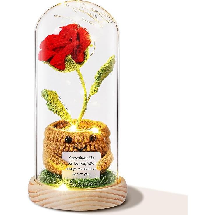 Honoson Valentine s Day Sunflower Gifts for Women Crochet Sunflower Gifts for Her Wife Girlfriend Mom Light up Sunflower in Glass Dome Gift for ярко-розовый