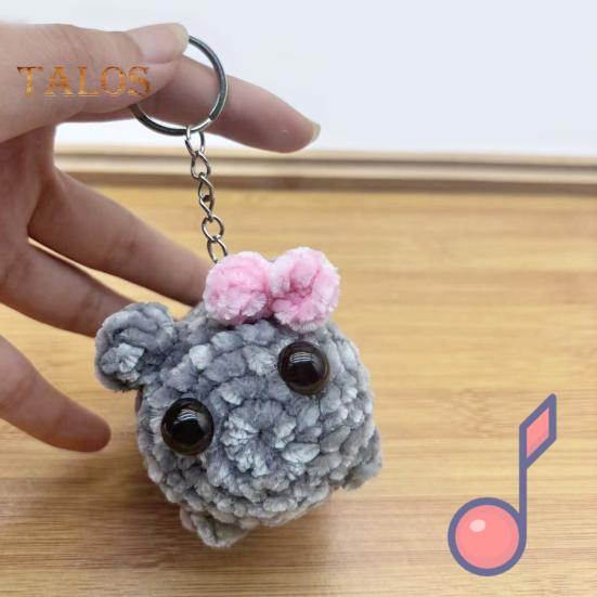 Sad Hamster Plush Keychain Sound Handmade Crochet Doll Keyring with Bow Emotional Charm Hanging Ornament Wallet Backpack Car Keys Accessory