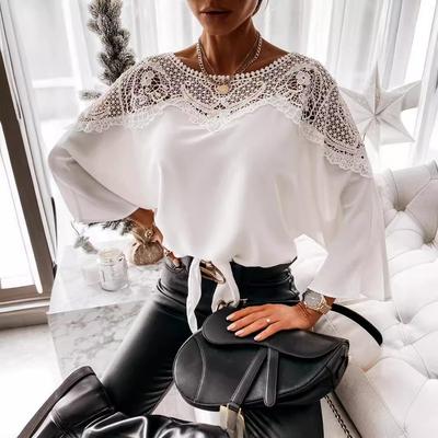 Frühling und Herbst Damen Langarm Spitzenbluse Einfarbig Pendler Rundhals Tops