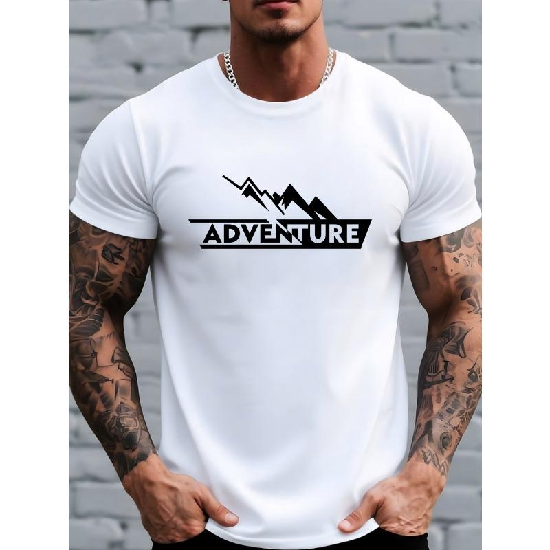 European Size Men's Adventure Exploration T-Shirt -Breathable Short Sleeve Round Neck Casual Top with Outdoor-Themed Letter Print,camping & Daily Wear