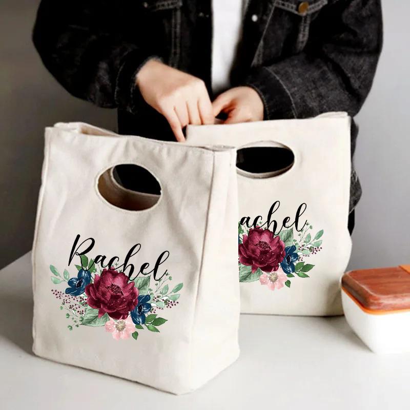 Flower Customized Canvas Handbag Vintage Travel Camping Lunch Bag Personalized Name Storage Lunch Box Large Capacity Cooler Bags