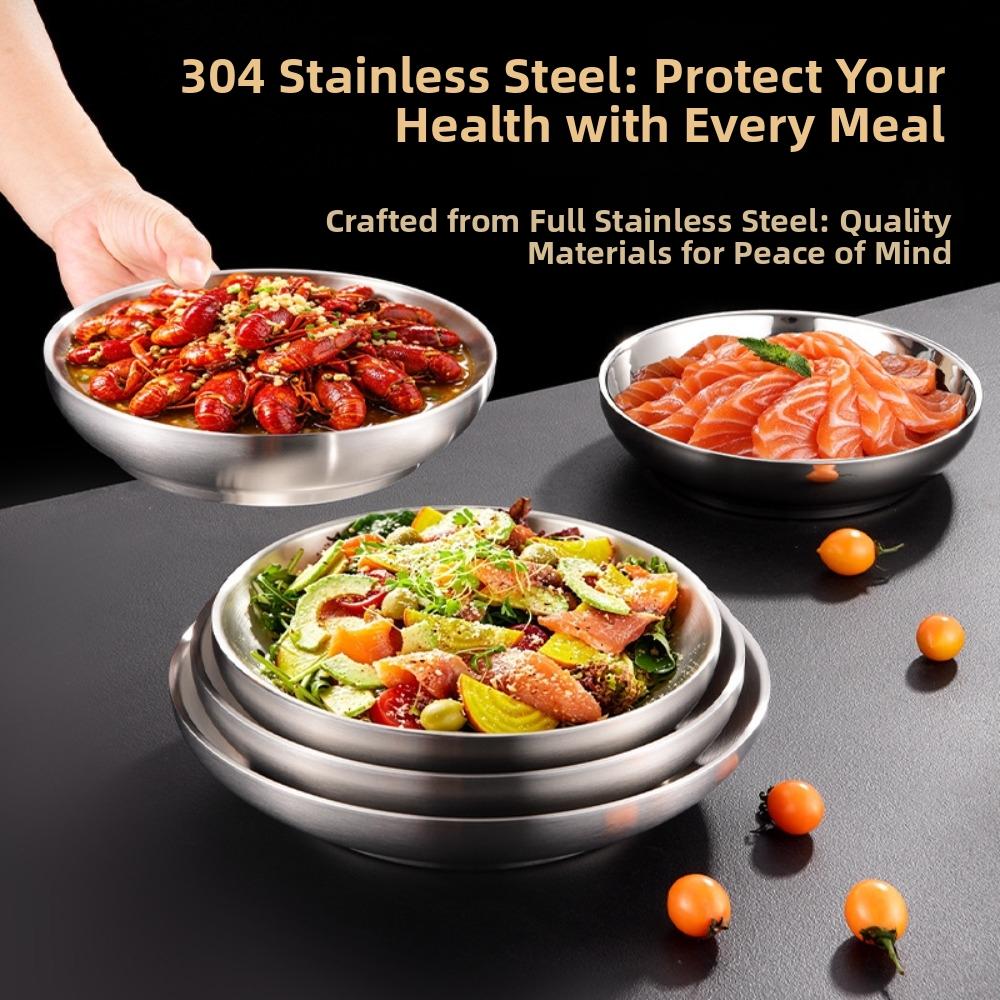 New Thickened 304 Stainless Steel Plate Round Shape Silver Color Stainless Steel Bowls Flat Bottom Food Containers Dishware