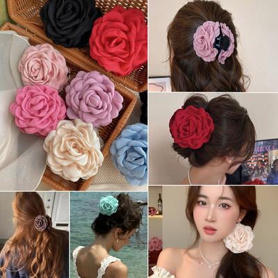 2/3 Piezas Nuevo Pinza para el Cabello con Flor Rosa de Tela de Color Sólido para Mujeres Niñas Pasador Elegante Juego de Pinzas Tipo Tiburón Accesorios para el Cabello Regalos