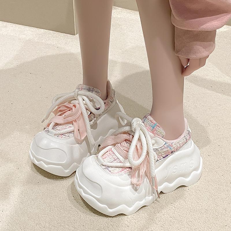 Fashion Pink/Black Causal Platform Sneakers for Women Shoes Comfort/light 8CM Sponge Foam Bottom Big Head Lace-Up Running Shoes Zapatos