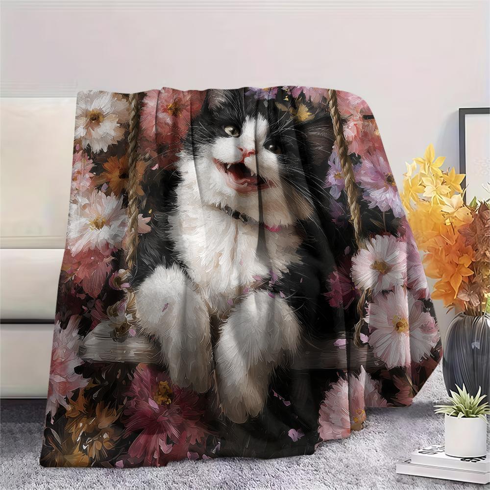 Calico Cat and Flowers,pattern Flannel Blanket, High quality Comfortable for All Seasons, Home Decor, Warmth and Comfort, Perfect for Gifts.