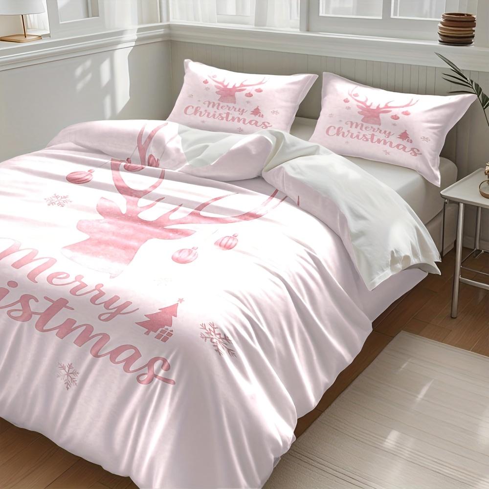 3Pcs Pink Christmas Reindeer Print Bedding Set, 1 Duvet Cover + 2 Pillowcases, No Insert, Soft & Comfortable - Machine Washable