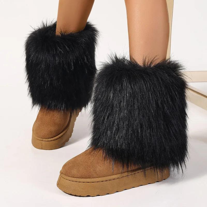 Winter women faux fur snow boots warm short plush lining fluffy fashion furry shoes woman platform suede leather ankle boots