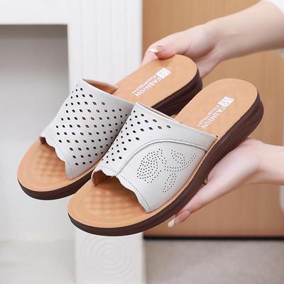 Summer Soft Genuine Leather Slippers for Middle-Aged and Elderly Women - Comfortable Hollow Design
