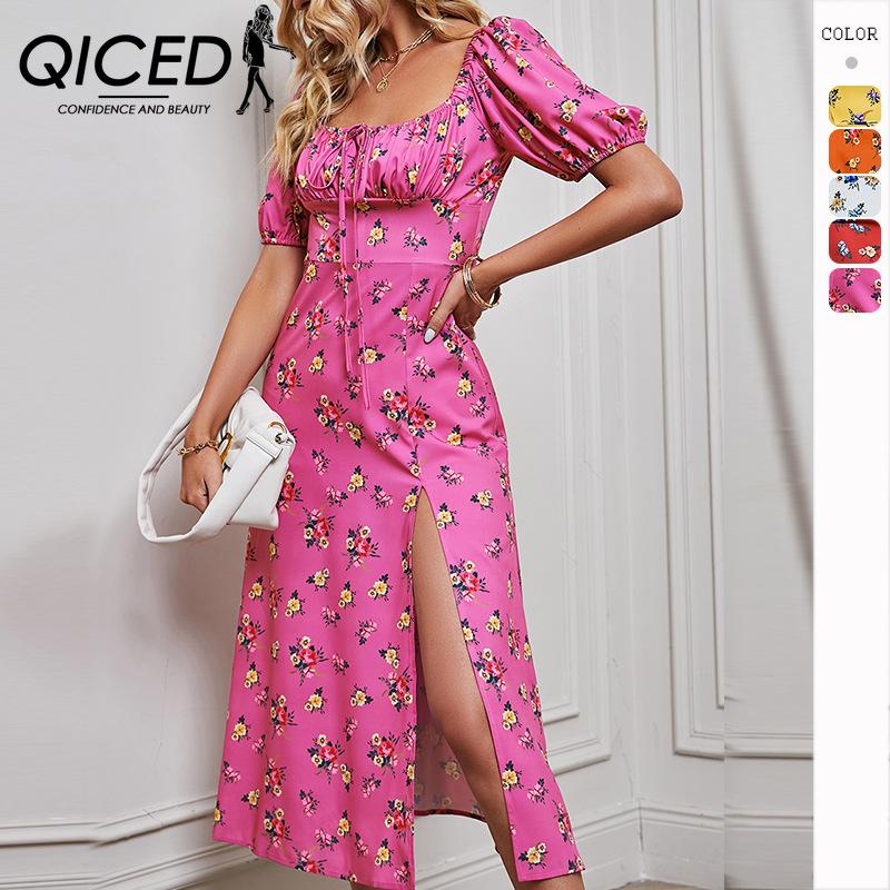 

QICED женские модные летние весенние повседневные платья с коротким рукавом и квадратным воротником с цветочным принтом и высокой талией
