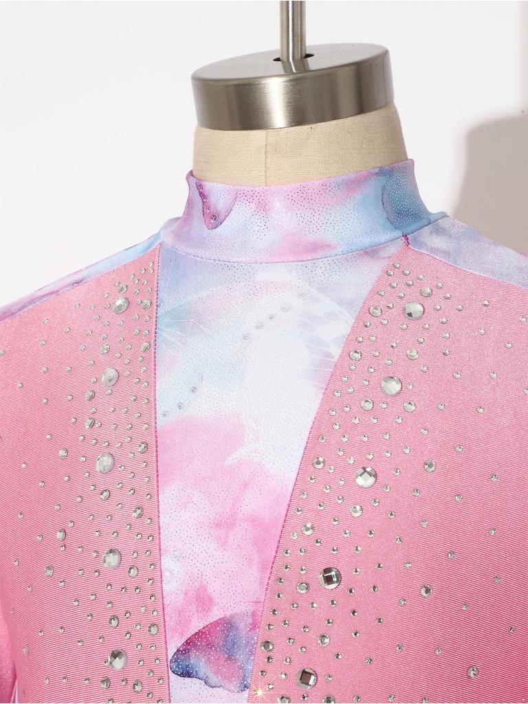 Leotard da Ballo da Bambina a Maniche Lunghe con Paillettes e Strass, Lucido, Full Body, Zip Invisibile Posteriore