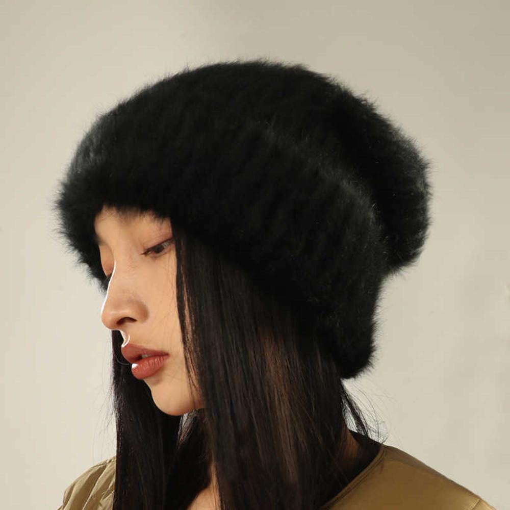 

Зимние шапки из кроличьего меха однотонные шапки-бини шапки высокого качества вязаные шапки чёрный