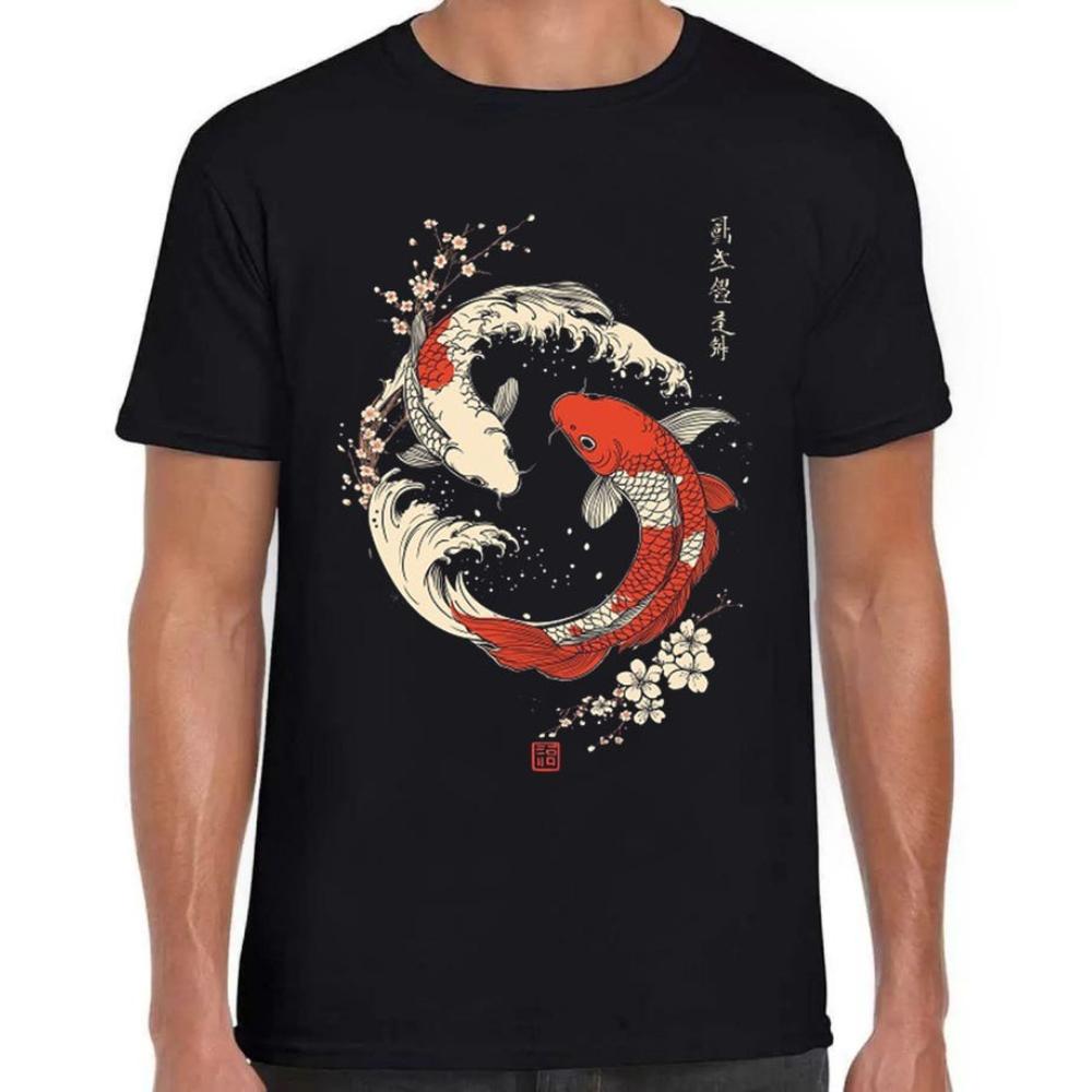 Yin Yang The Great Wave Off Koi Fish Cherry Blossoms Calligraphy Art Graphic T Shirts Woman Man Oneck Cotton Casual Tshirt S