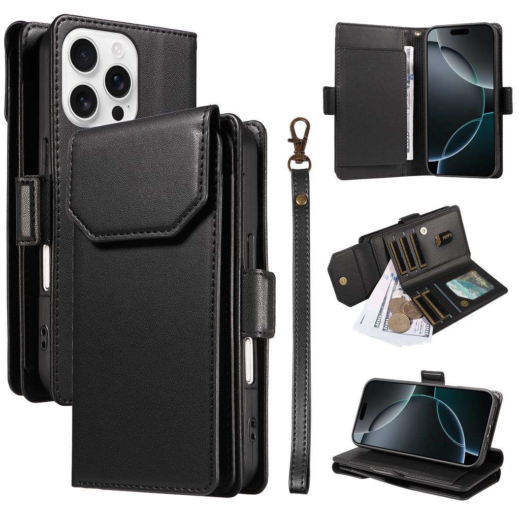 For iPhone 16 Pro Max Case with Multi-Card Holder and Strap PU Leather Phone Cover Stand