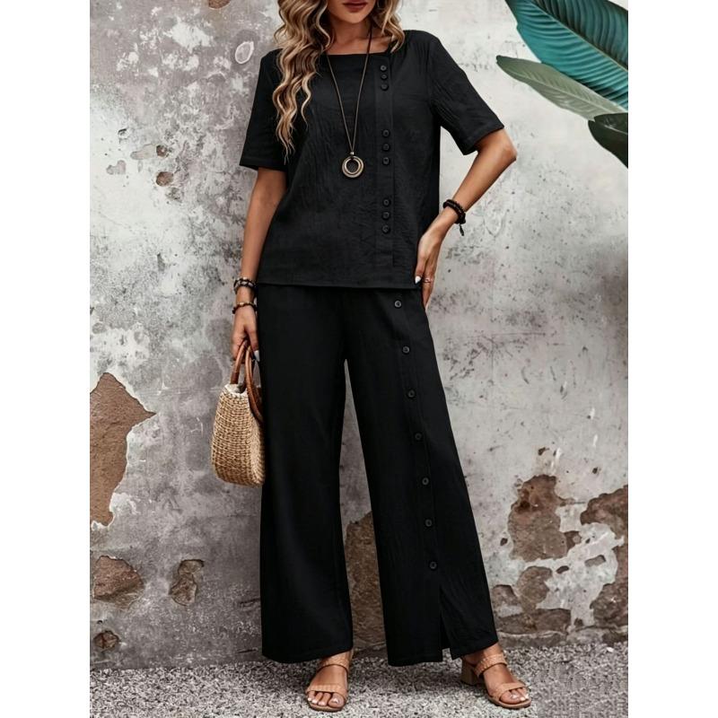 Fashion Casual Loose Two-piece Short-sleeved Top and Loose Wide-leg Pants for Women