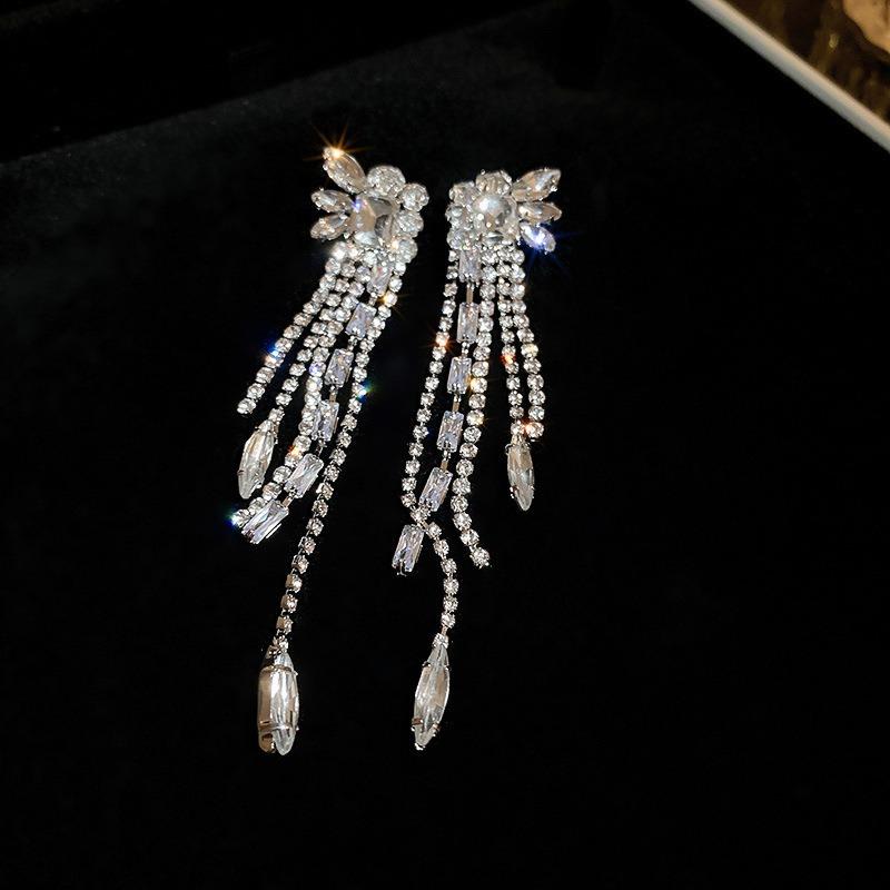 Silver Needle Diamond Flower Water Drop Tassel Earrings Exaggerated Earrings Light Luxury Premium Earrings Women