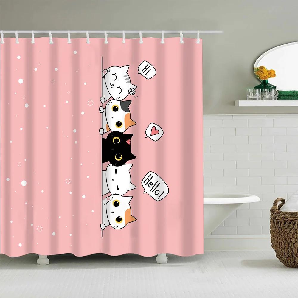 Cute Puppy Cat Cartoon Shower Curtain Waterproof Polyester Fabric With Hooks Washable Bathroom Decor Partition