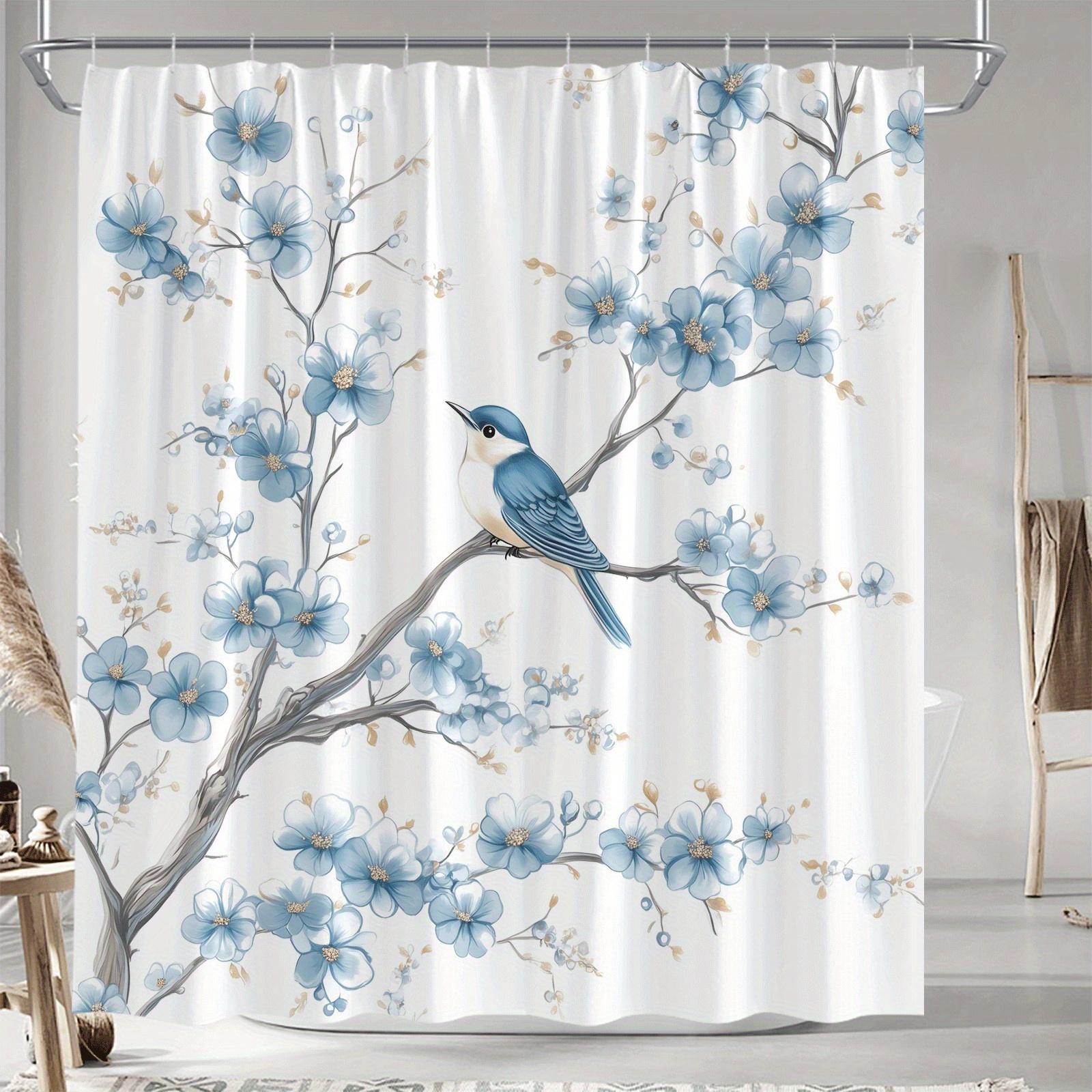 Whimsical Blue Bird and Branch Shower Curtain, Polyester, with Hooks, Machine Washable, Light Blue Flowers with Gold Accents 90X180cm
