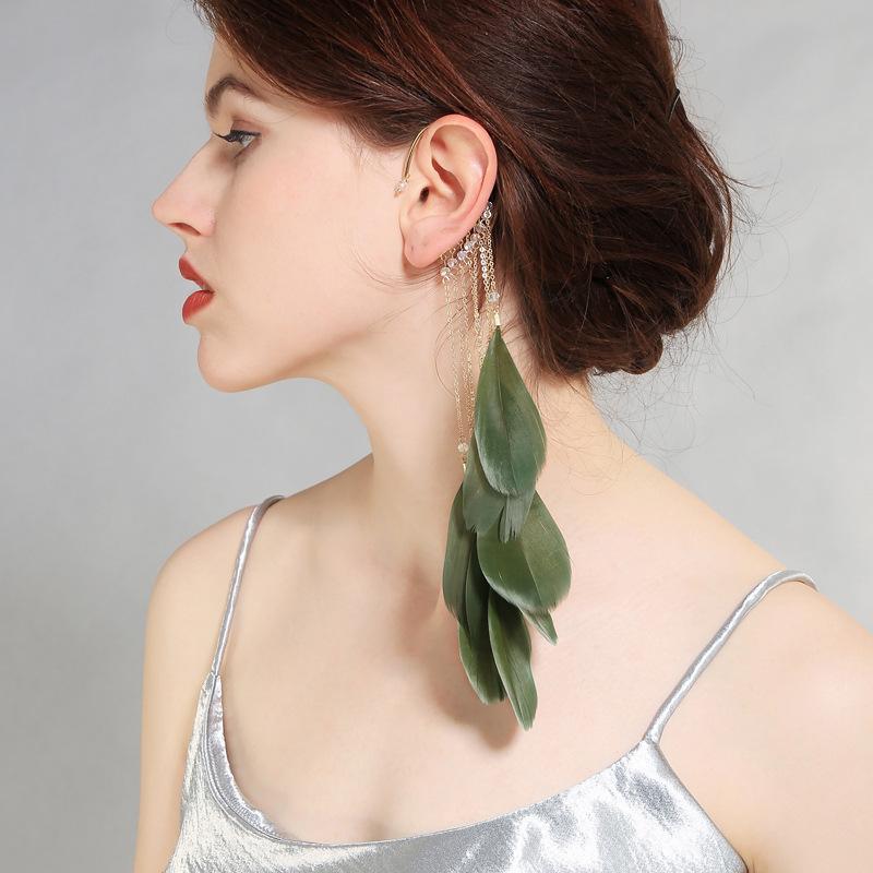 Long Feather Fringed Ear Hanging Femininity Personality Earless Earrings Retro Vacation Super Fairy Crystal Earrings