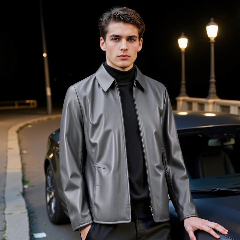 Futing Men's Classic Genuine Leather Business Casual Jacket