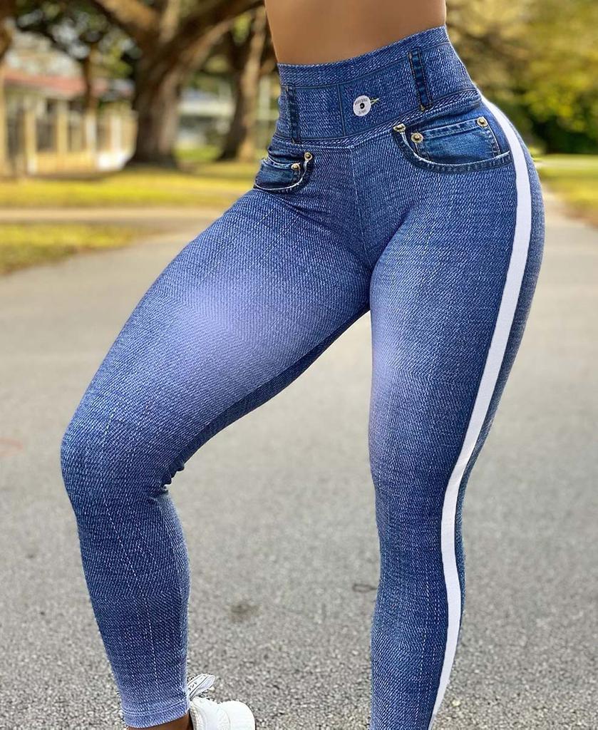 2024 Autumn Winter Women's High Waist High Elastic Imitation Denim Leggings Solid Color Fitness Sports Yoga Pants