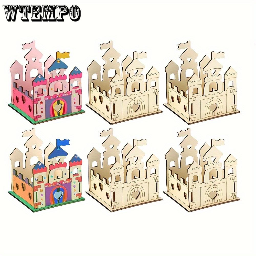 Set di 4 pezzi di castello in legno non dipinto, lavoretti in legno per feste, fai da te, crea il tuo castello di legno