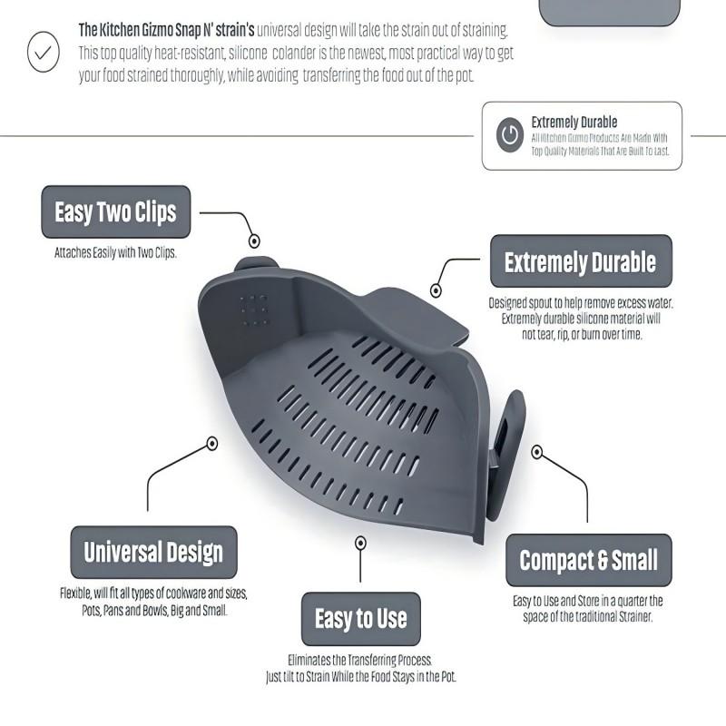 Adjustable Silicone Pot Strainer Clip-On Handheld Drainer for Noodles Pasta Veggies - Kitchen Tool for Pots Pans Bowls