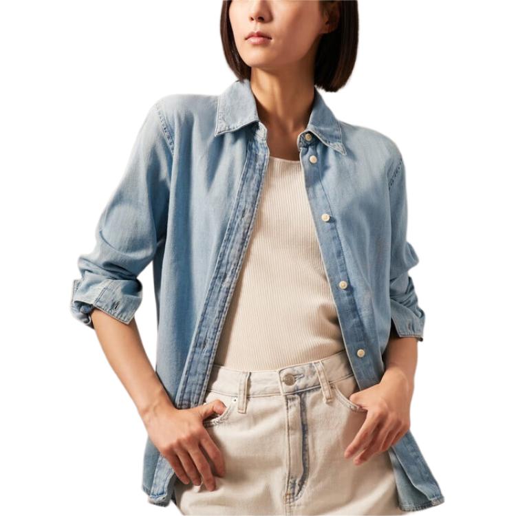Calvin Klein Solid Color Square Neck Button Down Denim Long Sleeve Shirt Women Shirts Blue 40WK840