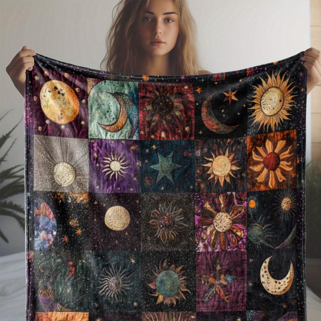 Vintage Sun and Moon Print Blanket Cozy All Season Throw Blanket for Sofa Bed Office Camping Gift