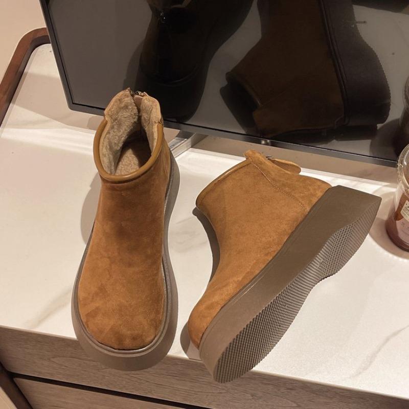 Vintage Chunky Fur Lining Women Snow Boots Comfort Platform Flats Warm Cotton Short Booties Winter Women's Plush Shoes