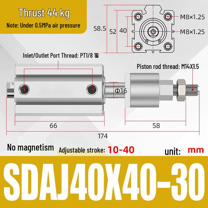 Adjustable Stroke Pneumatic Thin Cylinder - Piston Rod Sizes: 16/20/25/32/40/63