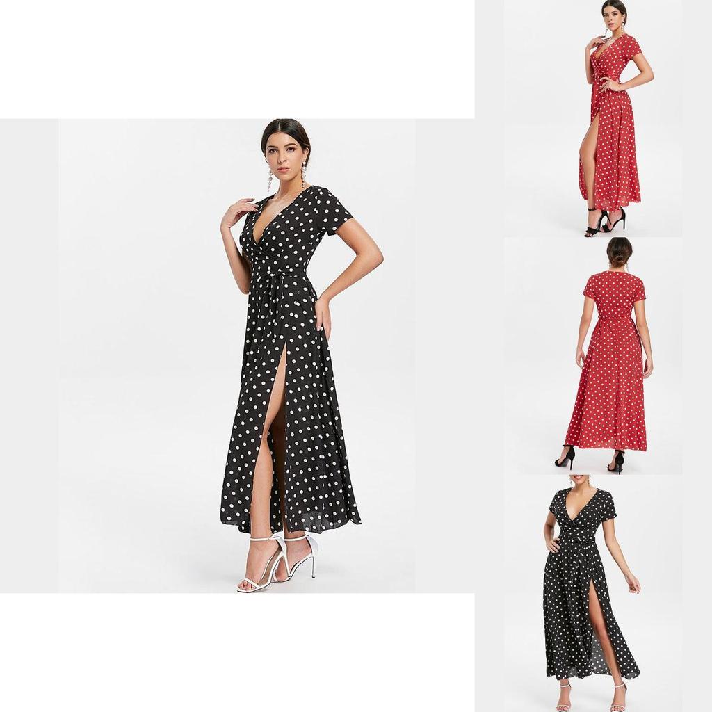 Women Short Sleeve V Neck Swing Dress With Elegant Polka Dot Print And Slit Detail
