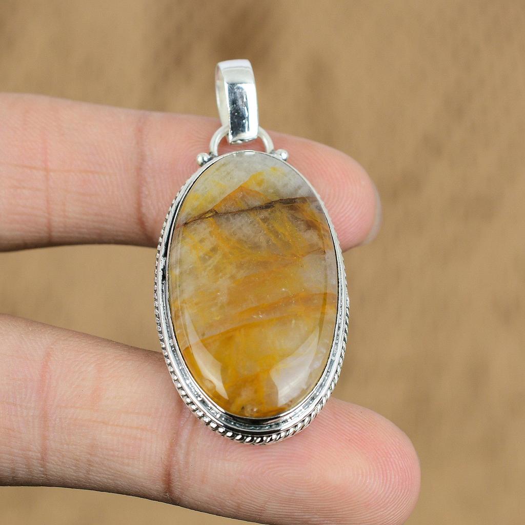 Natural Plume Agate Gemstone Pendant Handmade 925 Sterling Silver Indian Jewelry