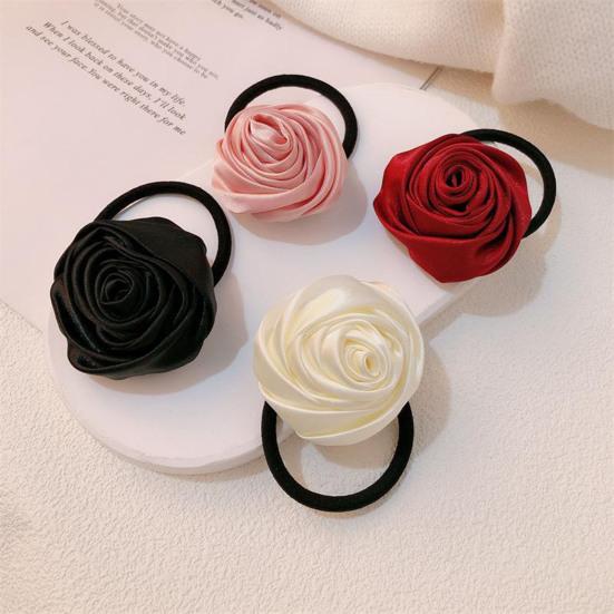 Hair Tie French Style Glossy Satin Rose Flower Decor Handcrafted 3D Petal Design Hair Rope Soft Smooth Fabric Hair Accessory