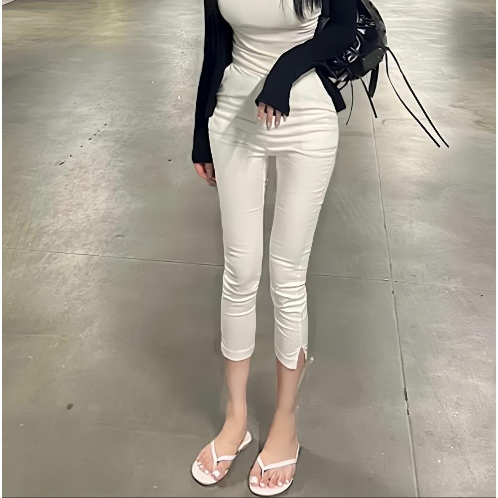 Women's High Rise Capri Pants Solid Color Slim Fit Cropped Trousers Medium Stretch Side Slit Denim Shorts For Spring Daily Wear