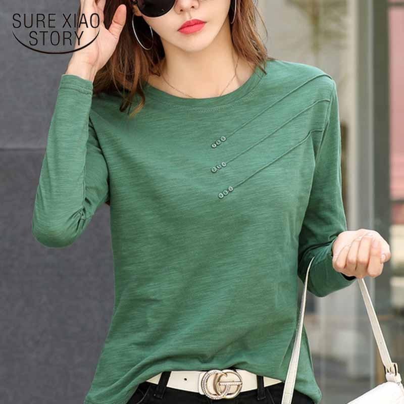 Fashion O-neck Long Sleeve Shirt Women Plus Size Cotton T-shirt Autumn Solid Loose All-match Office Lady Korean Clothes 10800 1135