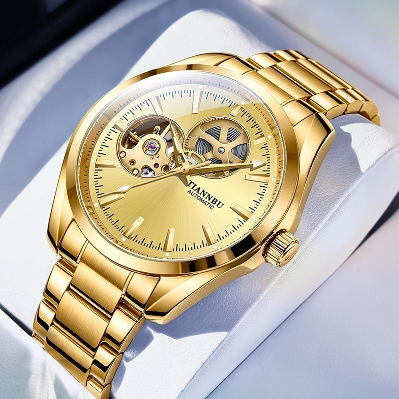Gold Automatic Mechanical Watch for Men Luxury Skeleton Stainless Steel Waterproof Luminous Business Dress Wristwatch