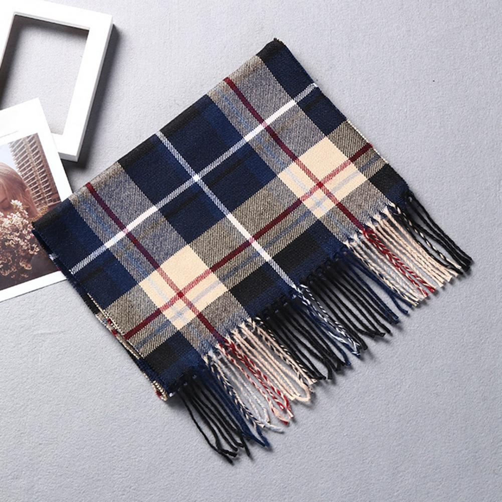 Men Scarf Plaid Pattern Tassel Trim Long Style Wrap Imitation Cashmere Thermal Insulation Scarf Daily Wear
