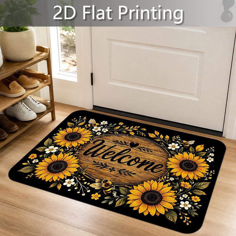 1pc, 2D Flat Sunflower Welcome Text Printed Door Mat - Indoor Outdoor Mat, Retro Floral Theme Floor Mat, Fleece Material - Soft Padding 1.02cm, Soft S