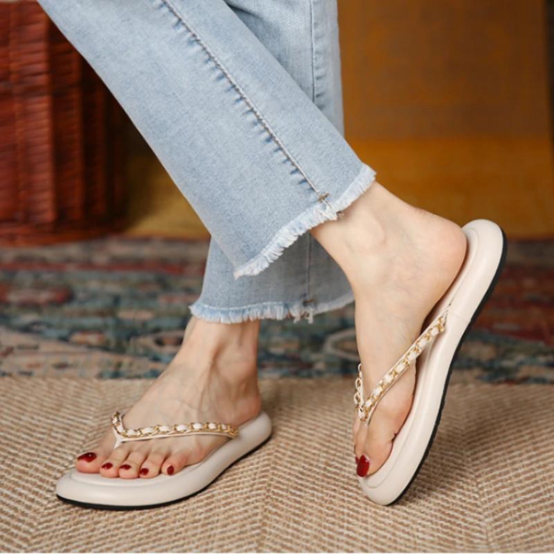 Ladies Shoes On Sale 2024 New Fashion Metal Chain Women's Slippers Summer Flat Casual Beach Flip Flops for Women Chaussure Femme