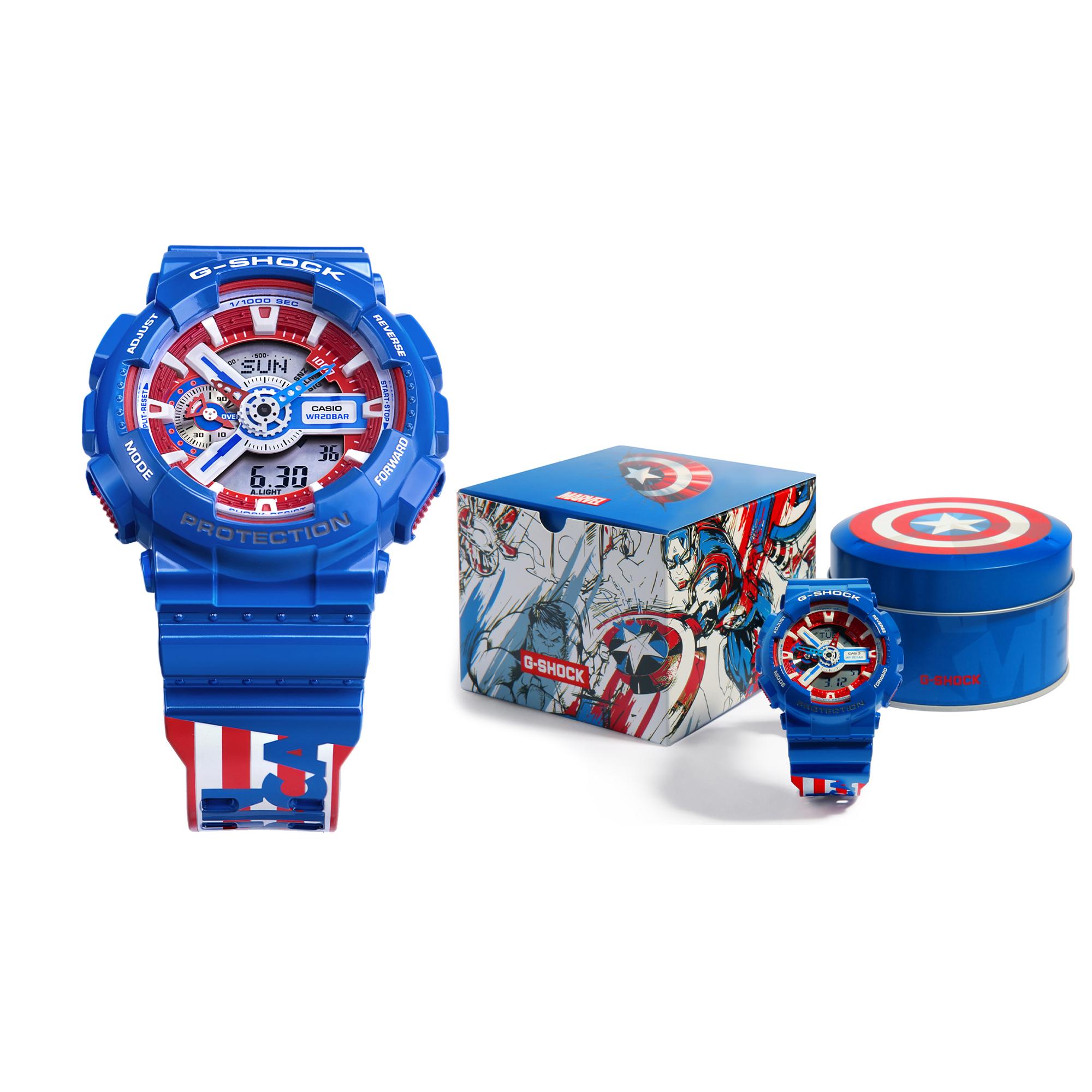 

CASIO Men Liquid Crystal/Analog Dual Display Series Black Watch GA-110CAPTAIN-2PR Red Blue White
