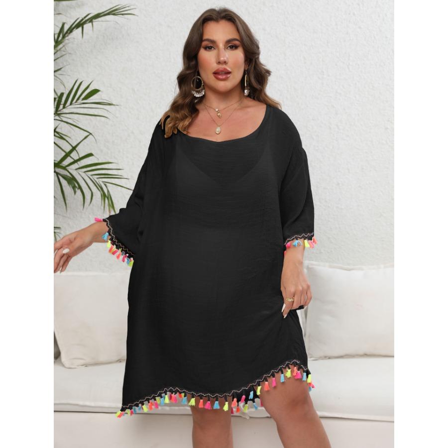 Vestido de mujer de gran tamaño, color blanco, negro, albaricoque, con borlas y retazos, cuello oblicuo, Sexy, sin espalda, atado, para playa, Bikini, vestidos