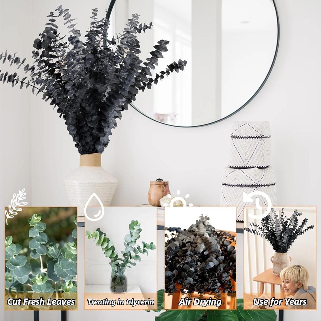 15pcs Real Black Eucalyptus Stems - Black Flowers and 17 Inch Preserved Natural Eucalyptus Leaves Branches for Flower Arrangement DIY and Home Decor