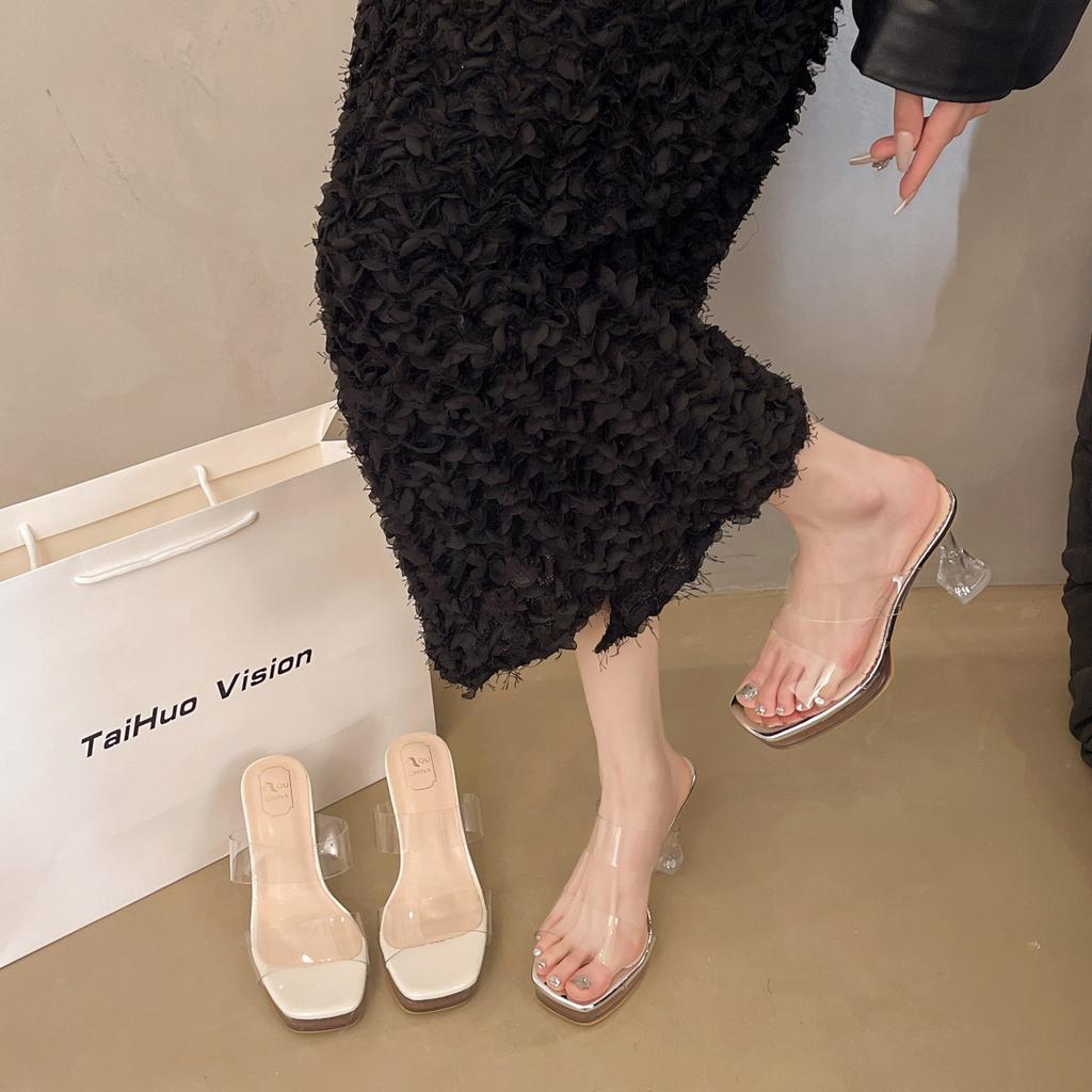 High Heels Women's Summer 2025 New Square Head Thin Heel Crystal Transparent Sandals One Word with Waterproof Table Slippers Women