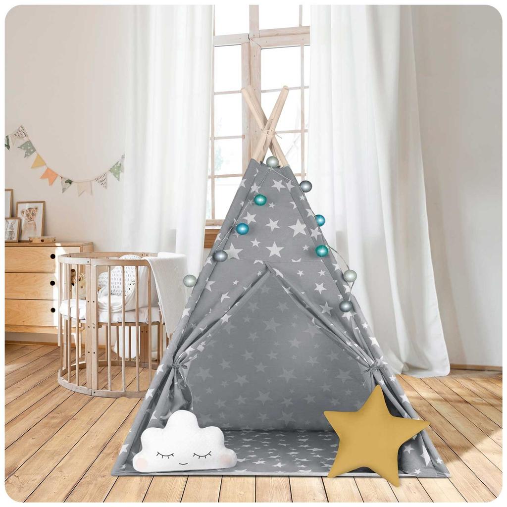 Nukido Children's Teepee Tent With Lights - Gray With Stars