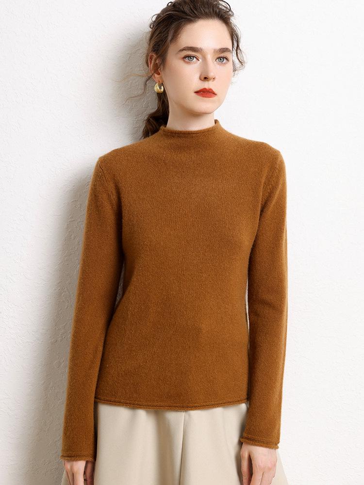 Women’s Cashmere Half-High Roll-Neck Sweater: Thick, Loose, Long Sleeve Pullover for Autumn/Winter.