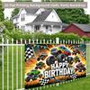 2D-Ebene 1-teiliger Monster-Truck-Themen-Geburtstags-Hintergrund mit Familiengarten und Hof.