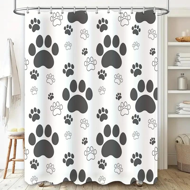 White Shower Curtain with Black Paw Prints Decorative Pet Print Shower Cover for Bathroom – Easy Installation Waterproof Materia