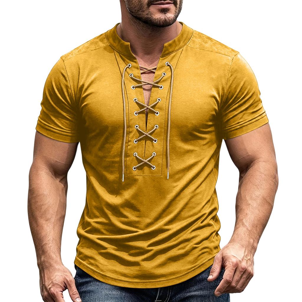 Men's Short Sleeve Shirt Vintage V-Neck Lace-Up Casual Color Summer Top